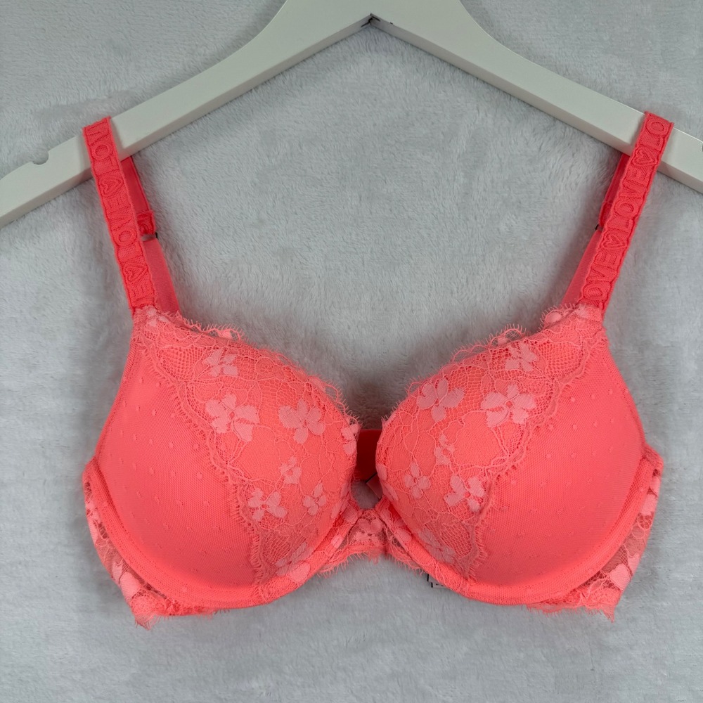 Victoria's Secret Dream Angels Push-Up‎ Bra 32D Neon Coral Pink Lace 390465-GTF